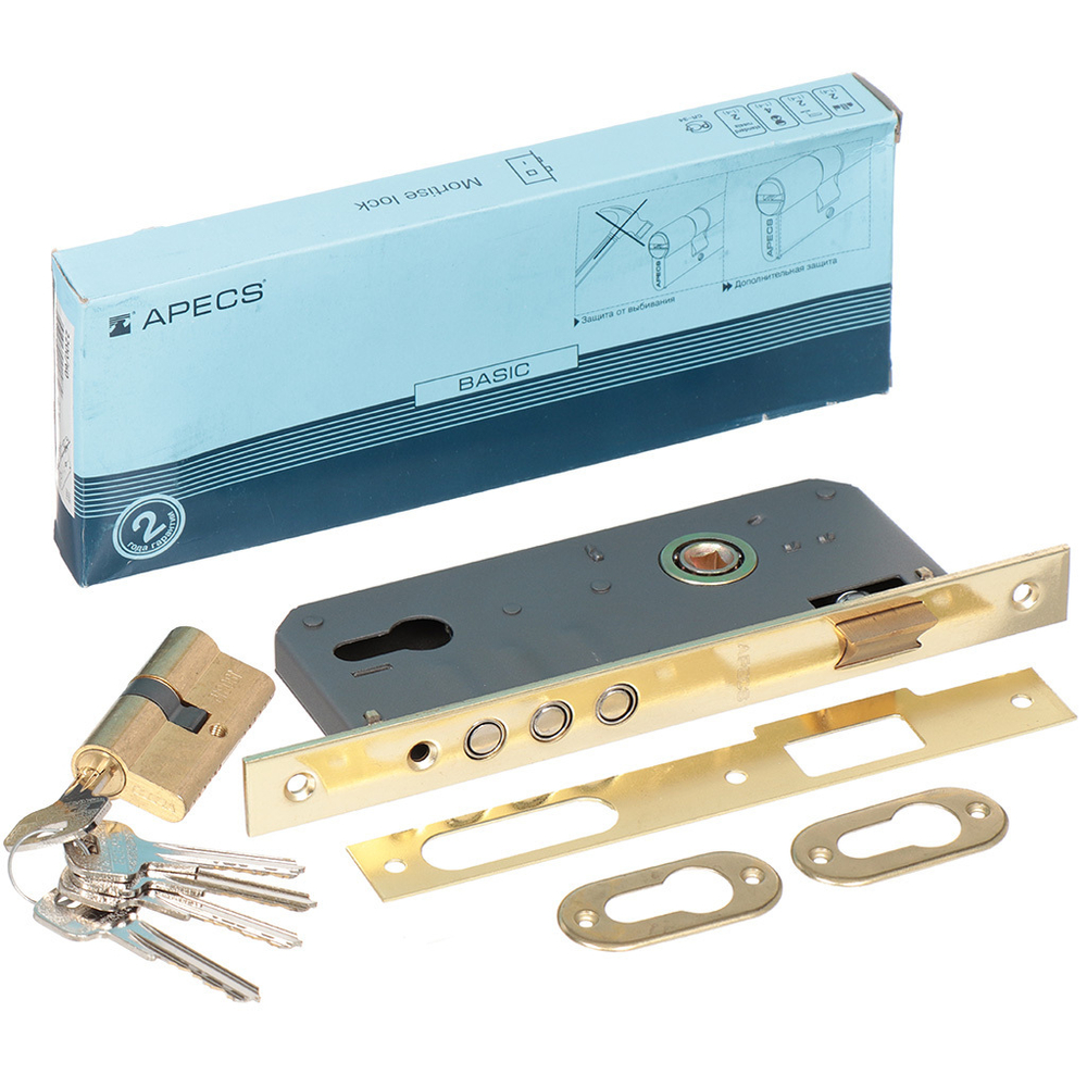 Замок врезной Apecs, 2200/60-G, 2882, без ручки, цилиндровый, золот
