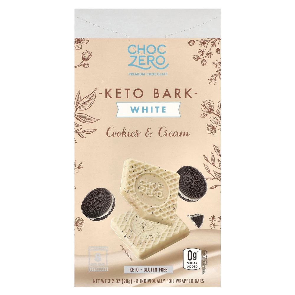 ChocZero, Keto Bark, белый шоколад, печенье и сливки, 8 батончиков, 90 г (3,2 унции)