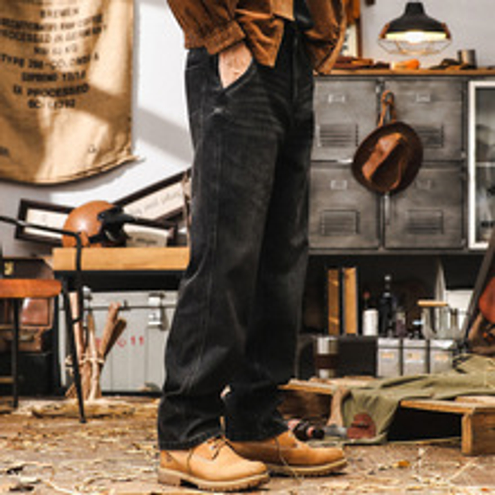 Мужские джинсы чёрного в американском классическом ретро-стиле, осенние свободные прямые брюки больших размеров, новые модные повседневные брюки для мужчин 2025 года