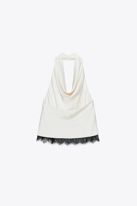ZARA АТЛАСНЫЙ ТОП С КРУЖЕВОМ И ГОРЛОВИНОЙ ХАЛТЕР, ЭКРЮ