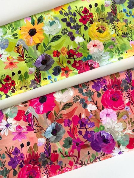 ЯРКИЕ АКВАРЕЛЬНЫЕ ЦВЕТЫ НА ПЫЛЬНО РОЗОВОМ - 100% ХЛОПОК 4