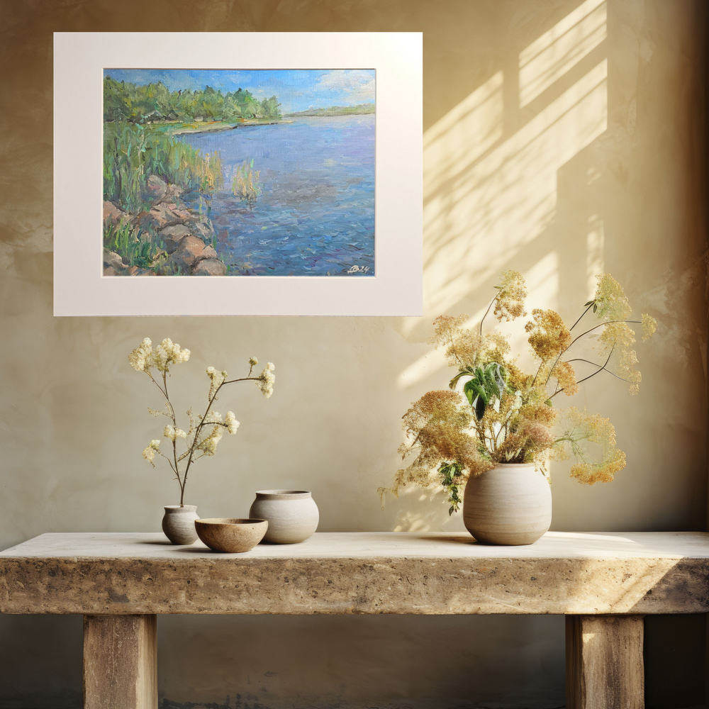 Картина авторская маслом на холсте в паспарту 30х40 см на стену для интерьера "На берегу Ладоги"