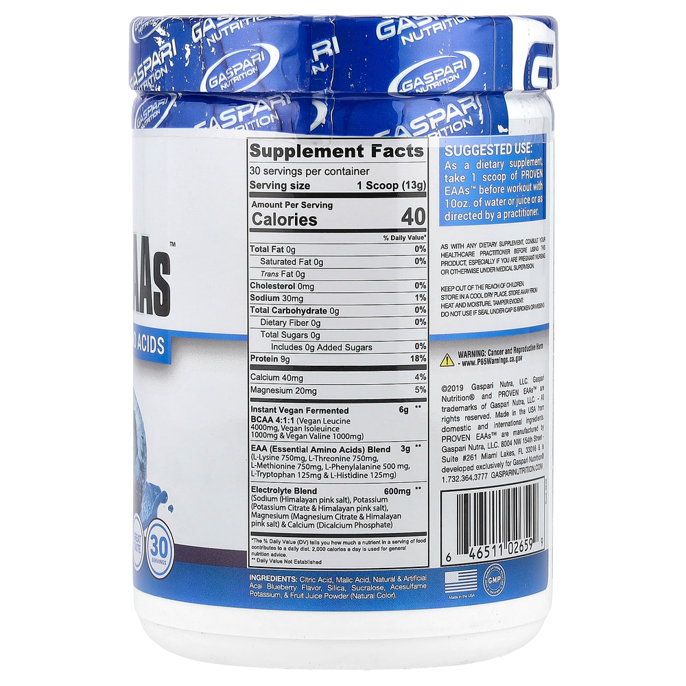 Gaspari Nutrition, Проверенные EAA ™ с 9 незаменимыми аминокислотами, голубика и асаи, 390 г (13,75 унции)