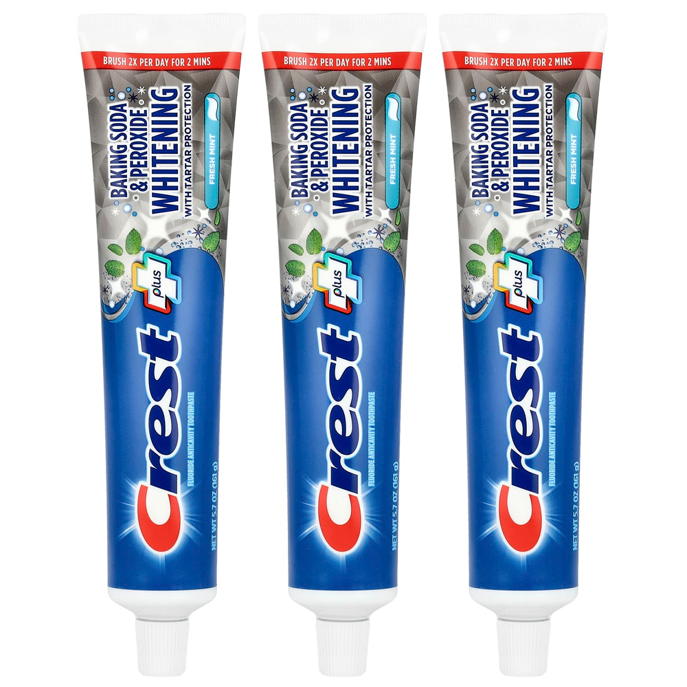 Crest, Plus, отбеливающая зубная паста с фторидом, пищевой содой и перекисью, свежая мята, 3 шт. по 161 г (5,7 унции) в упаковке