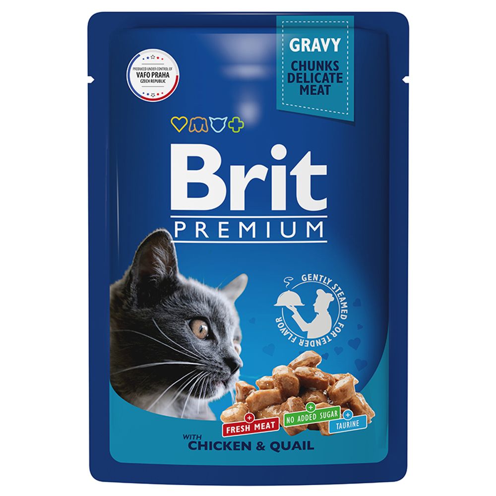 Пауч Brit Premium для взрослых кошек цыпленок и перепелка в соусе 85 г