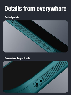 Чехол зеленого цвета (Exuberant Green) с вставками из кожи от Nillkin для iPhone 15 Pro Max, с откидной металлической крышкой для камеры, серия CamShield Prop Leather