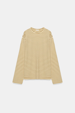 ZARA ФУТБОЛКА ИЗ ХЛОПКА И ЛЬНА В ПОЛОСКУ, БЕЖЕВЫЙ/НЕЖНО-КОРИЧНЕВЫЙ