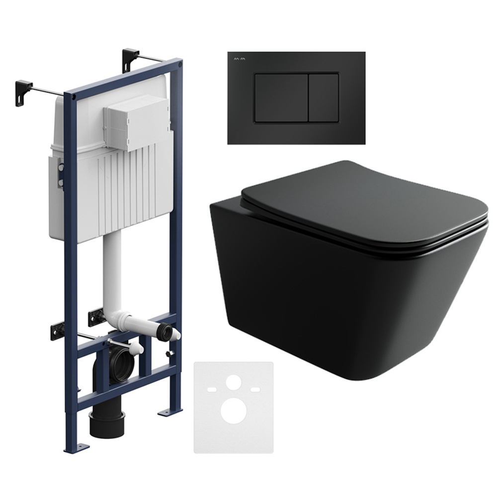 Комплект подвесной безободковый унитаз Ceramica Nova Metric CN3007MB черный матовый с сиденьем микролифт + инсталляция Am.Pm ProC I012707.0238 с клавишей смыва ProC S, чёрная матовая