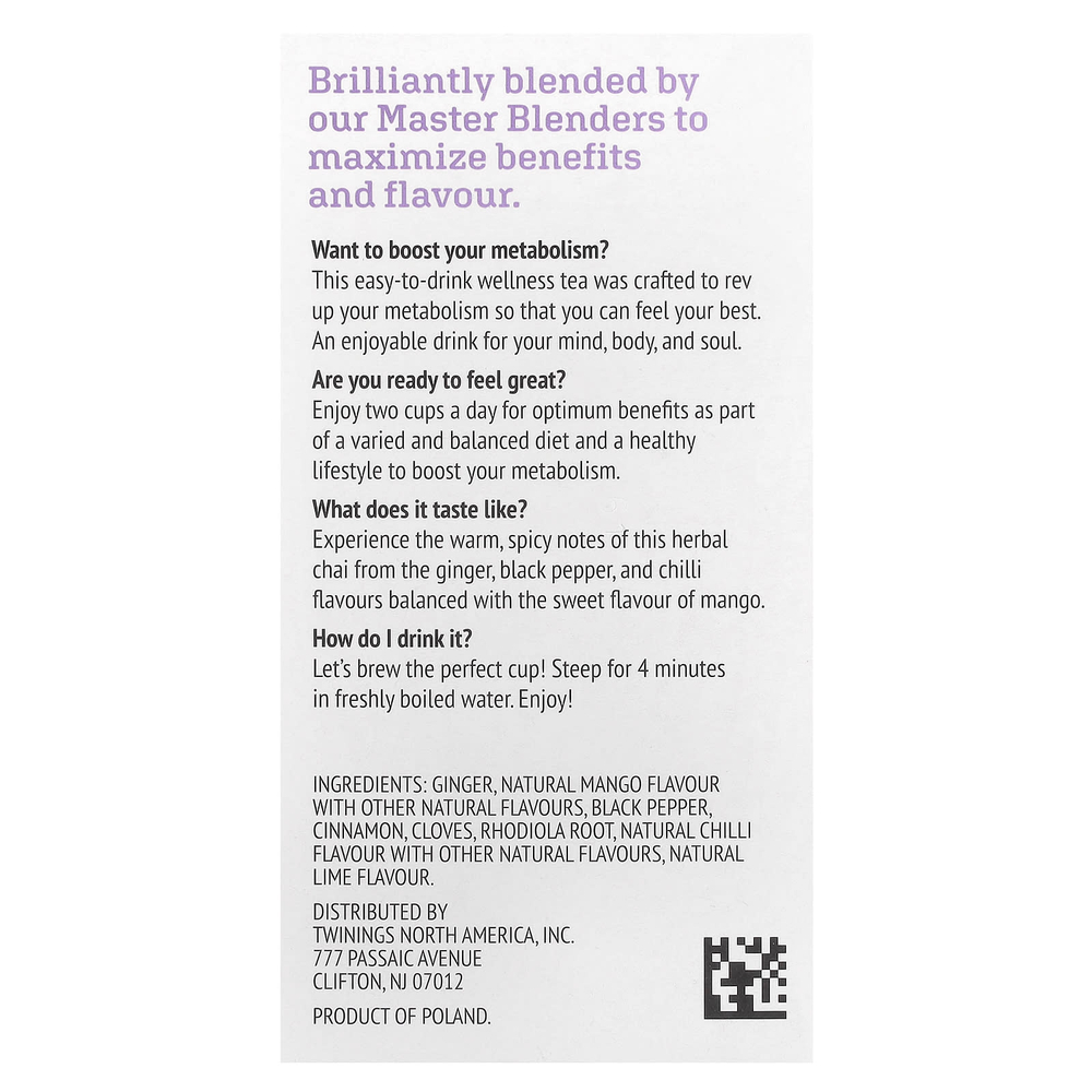 Twinings, Boost, адаптогены, травяной чай со вкусом манго и чили, без кофеина, 18 чайных пакетиков, 27 г (0,95 унции)