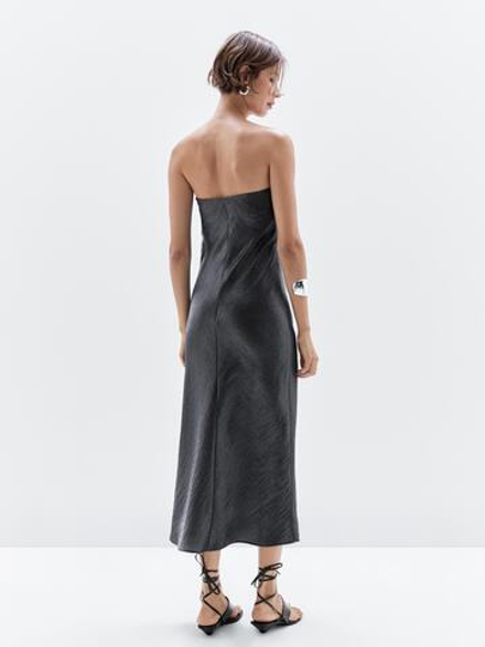 Massimo Dutti Струящееся платье миди без бретелей, серебряный