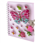 Блокнот в футляре, 19,5 см * 22,5 см, гребень, Alingar, ламинация, эффект 3D, ручка, замочек, клетка, 45 л., "Яркие бабочки", розовый