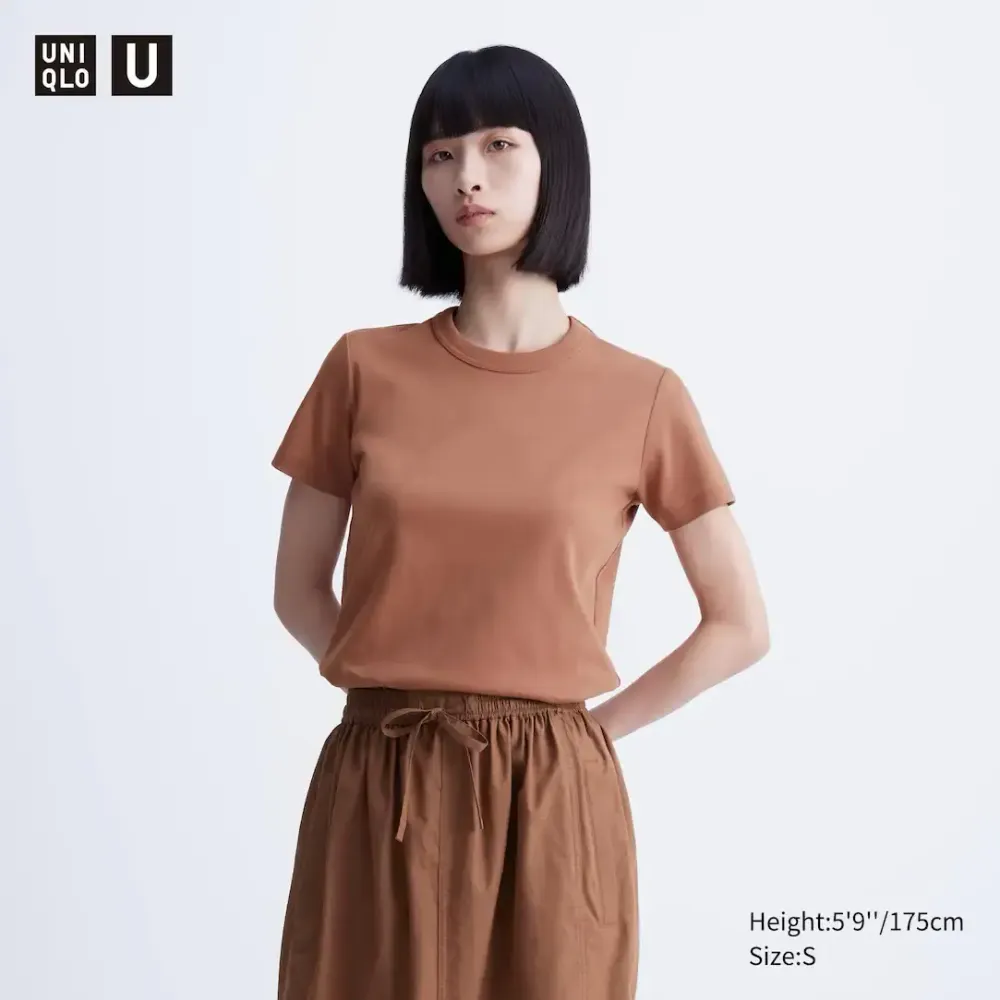 UNIQLO ФУТБОЛКА С КРУГЛЫМ ВЫРЕЗОМ, КОРИЧНЕВЫЙ