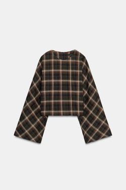 ZARA ТОП В КЛЕТКУ ИЗ ХЛОПКА, ТЕМНЫЙ ХАКИ