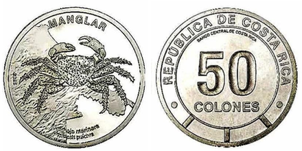 Коста-Рика 50 колонов, 2023 Фауна экосистемы - Мангровый лес. Мангровый краб-скакун