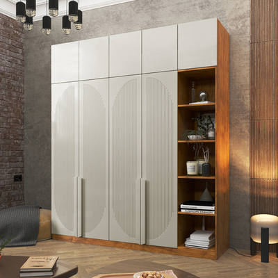 Шкаф Агератум МДФ четырехсекционный с антресолью и стеллажом Лайн флай (0,27) А10029 матовая - Орех Экко 9459  220*50*260