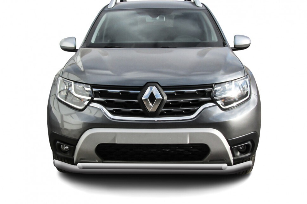 Защита переднего бампера Renault Duster (2020-2023) d57+d42 серебристая