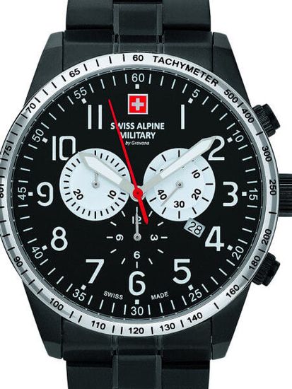 С браслетом Мужские наручные часы с черным браслетом Swiss Alpine Military 7082.9177 chrono 45mm 10ATM