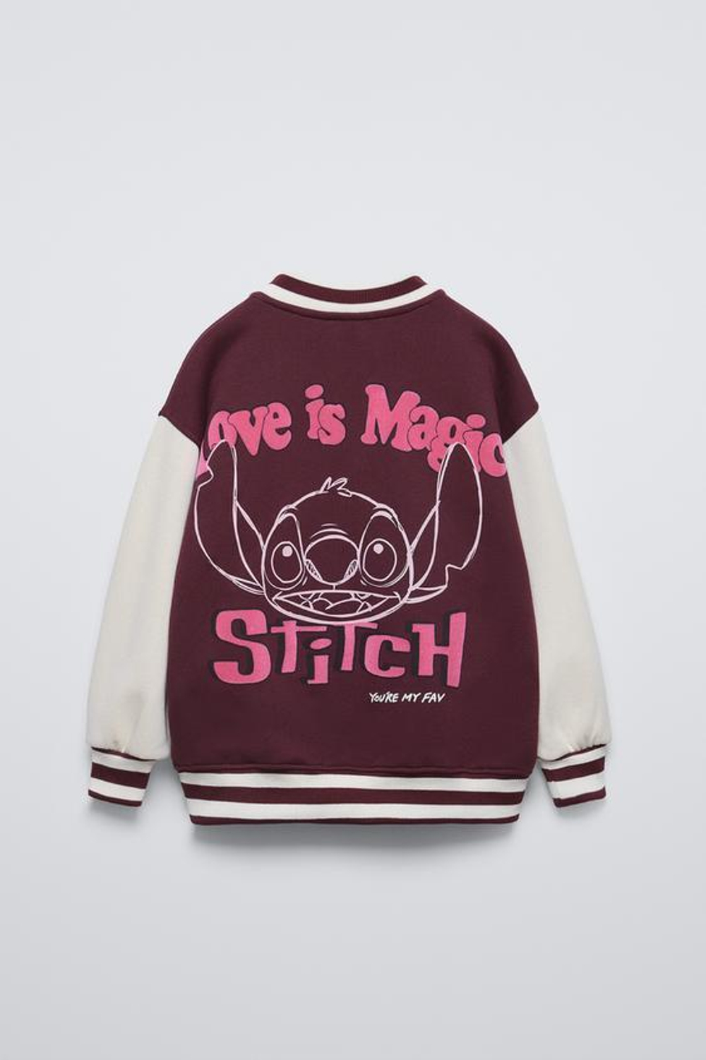 ZARA БОМБЕР ИЗ МЯГКОЙ ТКАНИ С ПРИНТОМ LILO & STITCH © DISNEY, ЦВЕТ БУРГУНДСКОГО ВИНА