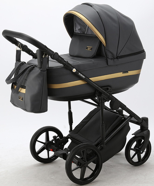Детская коляска Adamex Rimini Deluxe 2 в 1 RI210 Т.СЕР.КОЖА+ЗОЛОТО.ОТДЕЛКА