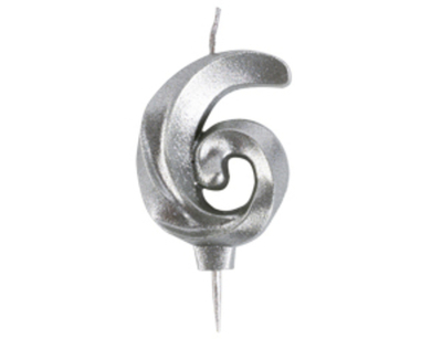 Свеча Цифра 6 витая серебро 5см
