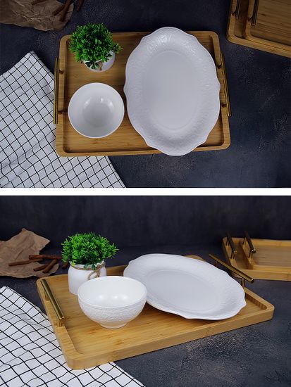 Поднос прямоугольный 40х30 см. из бамбука с золотистыми ручками