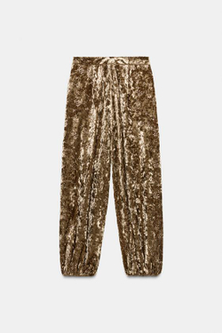 ZARA БРЮКИ-БАЛЛОНЫ ИЗ БАРХАТА С МЕТАЛЛИЗИРОВАННОЙ НИТЬЮ, ЗОЛОТИСТЫЙ