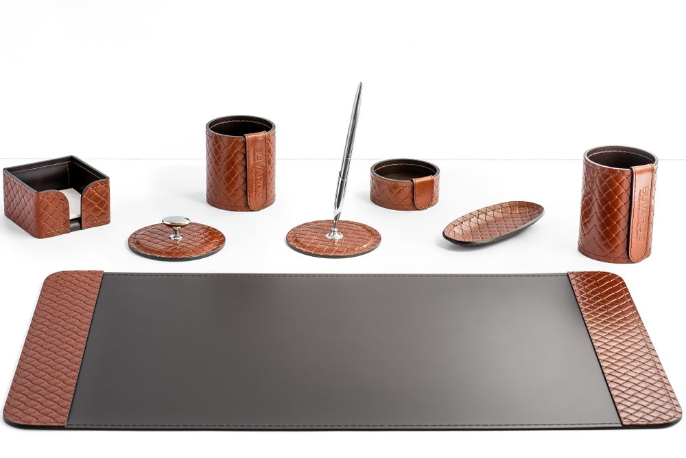 Подарочный офисный набор Дзен из кожи люкс FG Tan treccia/шоколад 8 предметов