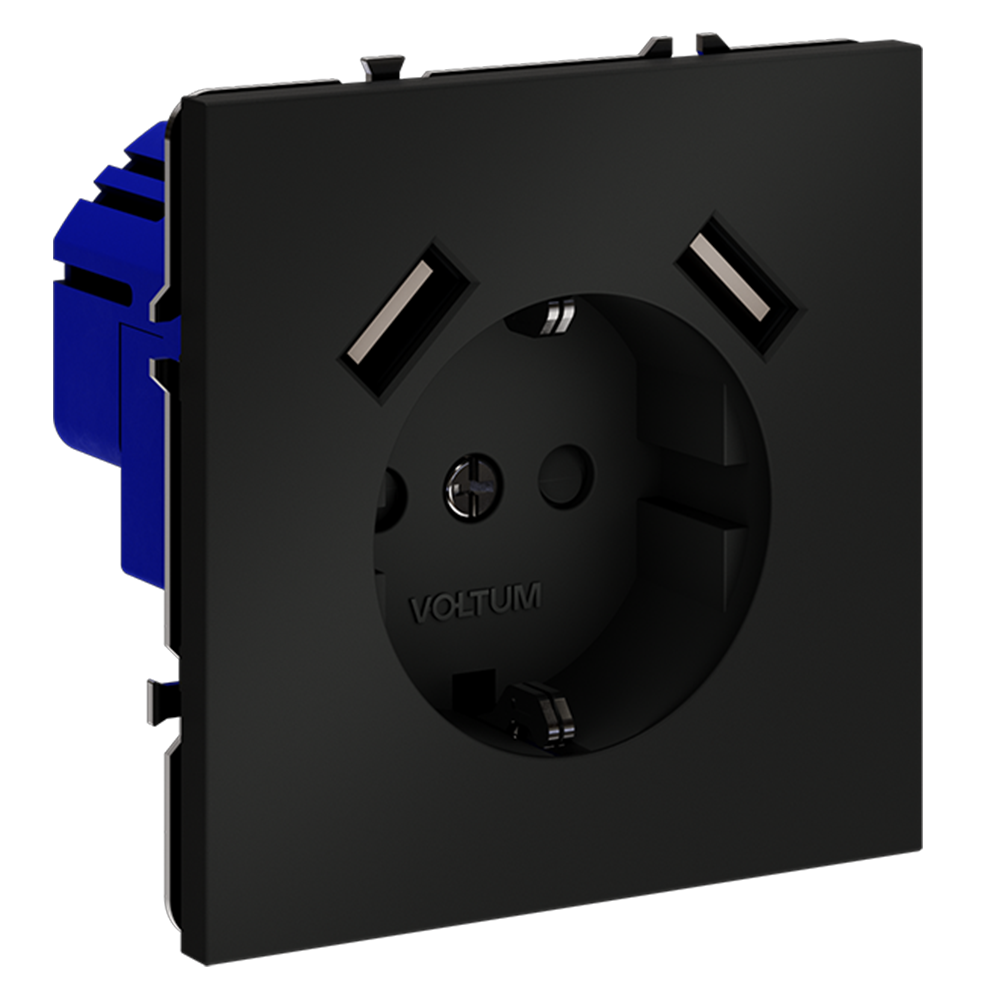 Розетка встраиваемая VOLTUM S70 с заземлением и защитными шторками, 16А, с USB, A+A, (черный матовый