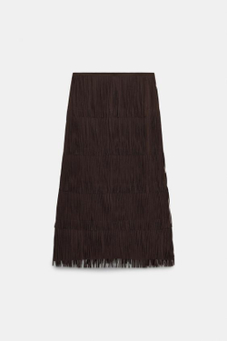 ZARA ЮБКА-КАРАНДАШ С БАХРОМОЙ — ZW COLLECTION, КОРИЧНЕВЫЙ