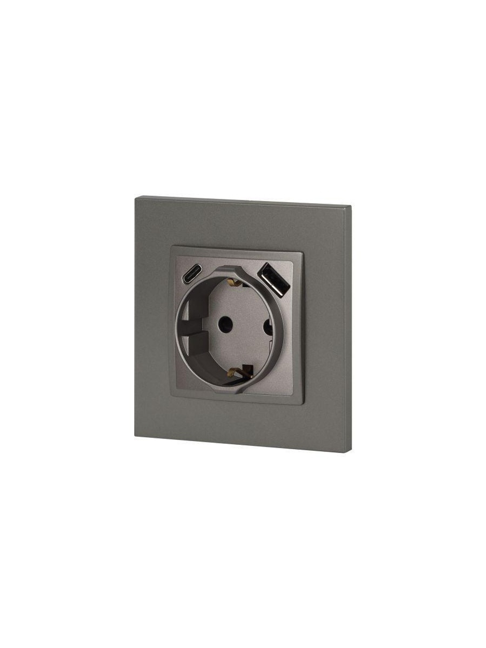 Розетка Elegance 14-4108-16 16A 250В 2P+E защ. шторки с USB type-A+C 3А 5В титан Эра Б0067695