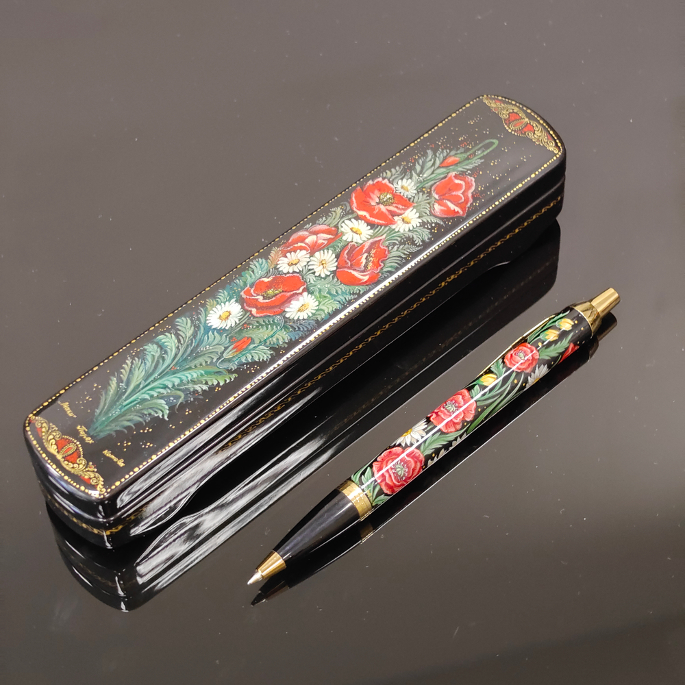 Ручка Паркер в шкатулке с ручной росписью "Ромашки и маки"