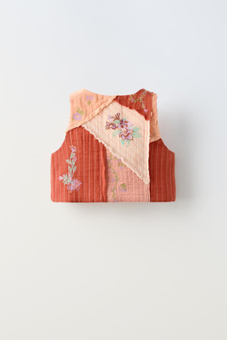 ZARA ЖИЛЕТ В СТИЛЕ ПЭЧВОРК С ВЫШИВКОЙ, МЯГКИЙ ОРАНЖЕВЫЙ