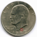 1 доллар 1972 год (D). США. Эйзенхауэр. Медь с медно-никелевым покрытием, диаметр 38.1 мм. AUNC