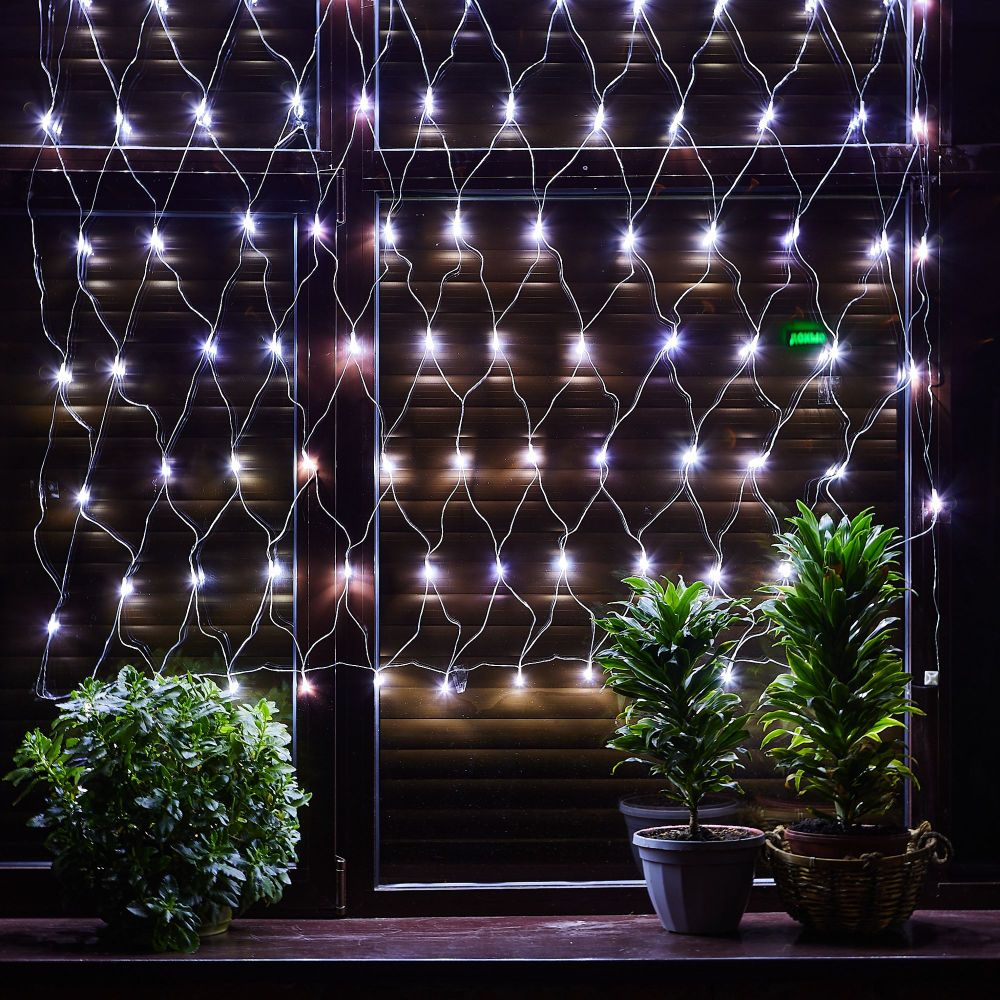 ULD-N1515-96-TTK WHITE IP44 Сетка светодиодная с эффектом мерцания. 1.5х1.5м. Соединяемая. 96 светодиодов. Белый свет. Провод прозрачный. TM Uniel