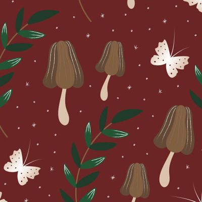 Грибы, листья и бабочки на красном фоне