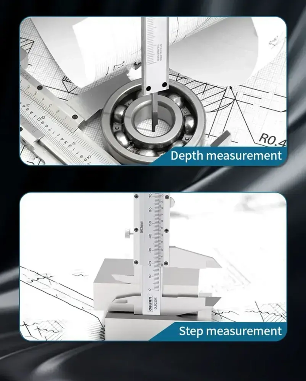 Штангенциркуль 150мм Deli DL92150 (Диапазон 0-150 мм, шаг 0,02мм, углеродистая сталь, метрическая шкала, измеряет внутренний и внешний диаметры, глубину, шаг)