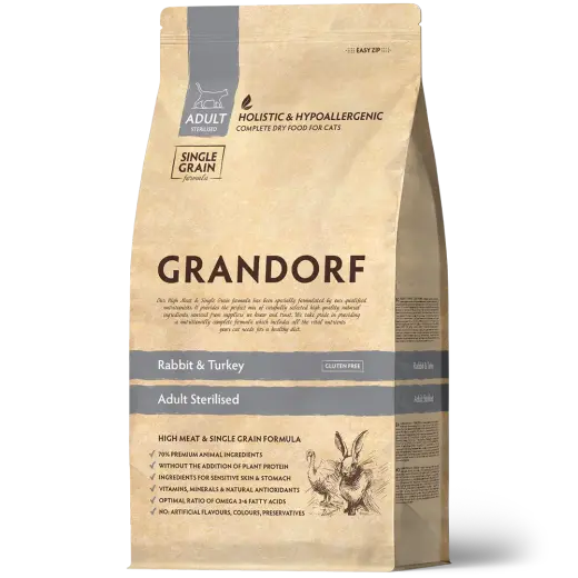 Сухой корм GRANDORF CAT Rabbit&Turkey STERILISED для стерилизованных кошек и котов, кролик и индейка 0,4кг
