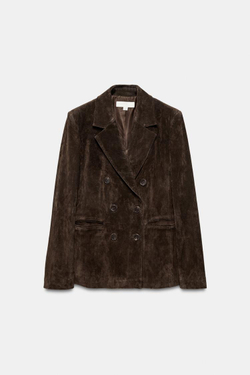 ZARA ДВУБОРТНЫЙ БЛЕЙЗЕР ИЗ 100% ЗАМШИ, КОРИЧНЕВЫЙ