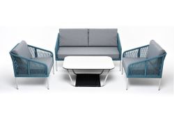 "Канны" лаунж-зона 4-местная из роупа со столом "Гранада" (молочный), каркас алюминиевый светло-серый, роуп бирюзовый