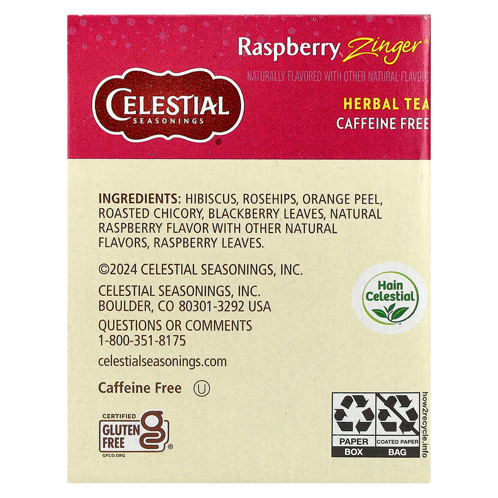Celestial Seasonings, травяной чай, со вкусом пикантной малины, без кофеина, 20 чайных пакетиков, 45 г (1,6 унции)