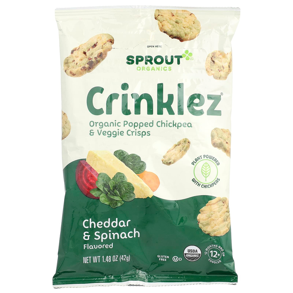 Sprout Organics, Crinklez®, органические чипсы из нута и овощей, для детей от 12 месяцев и старше, чеддер и шпинат, 42 г (1,48 унции)