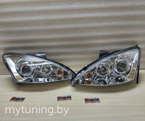 Передние фары Ford Focus 1 angel eyes chrome