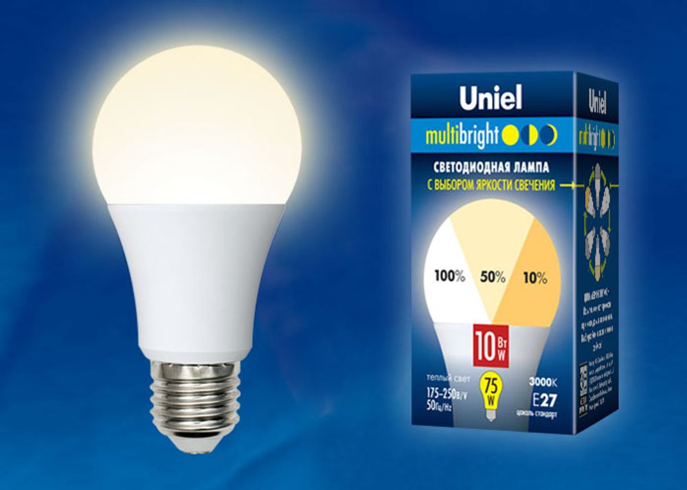 LED-A60-10W/WW/E27/FR/MB PLM11WH Лампа светодиодная. Форма «А», матовая. Серия Multibright. Теплый белый свет (3000K). 100-50-10. Картон. ТМ Uniel.