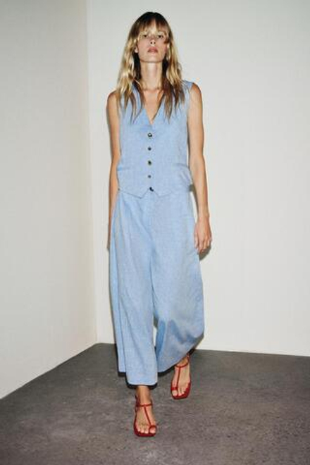 ZARA ЛЬНЯНОЙ КОМБИНЕЗОН-ЖИЛЕТ, ГОЛУБОЙ