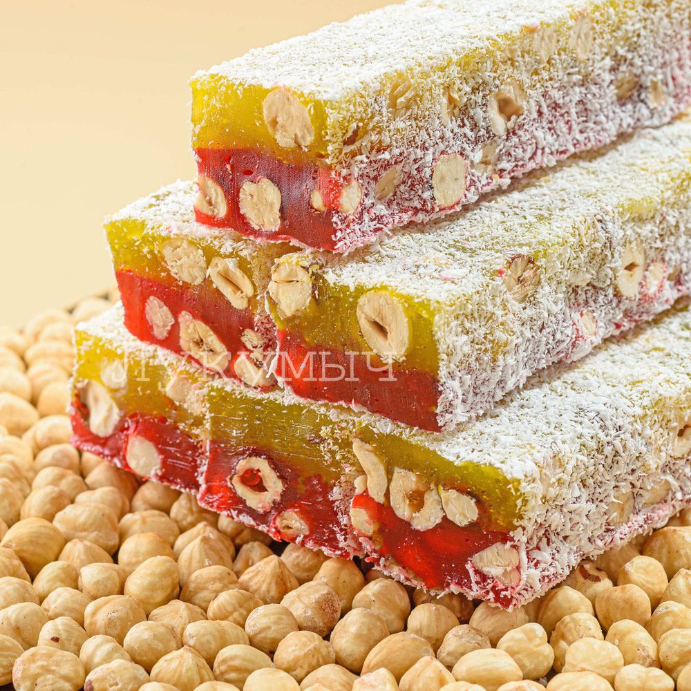 Лукум дуэт вкусов арбуз-дыня с цельным фундуком (700 руб. за кг) 3.5кг