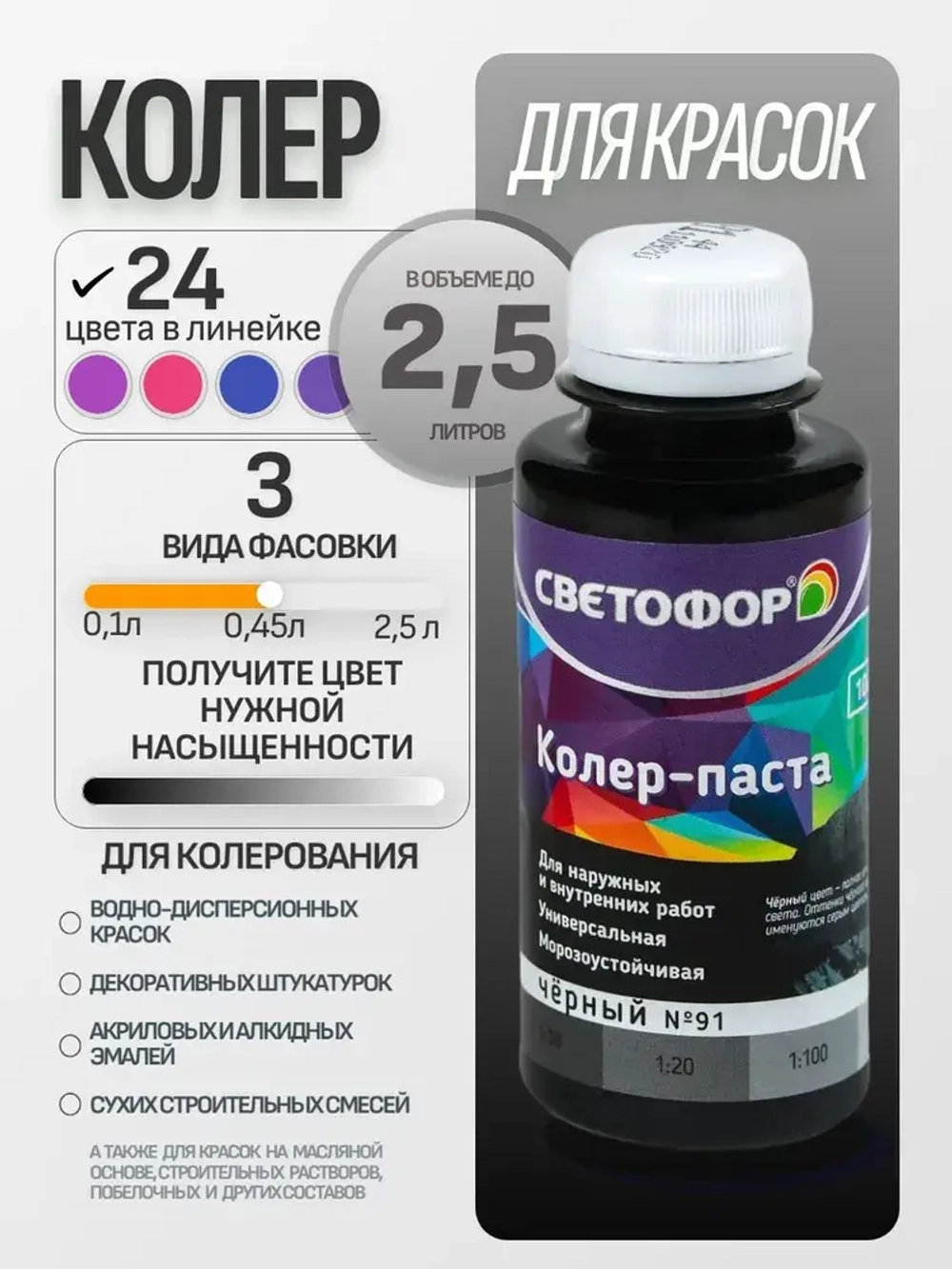 Колер для краски №91 ЧЕРНЫЙ (0,1 л) СВЕТОФОР, колеровочная паста универсальная