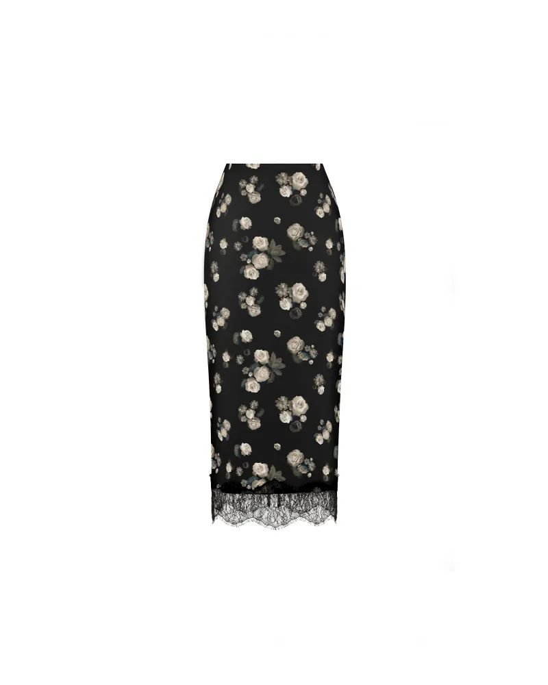 Мюриэл миди (Muriel миди), юбка миди из черного атласа с цветочным принтом и отделкой кружевом