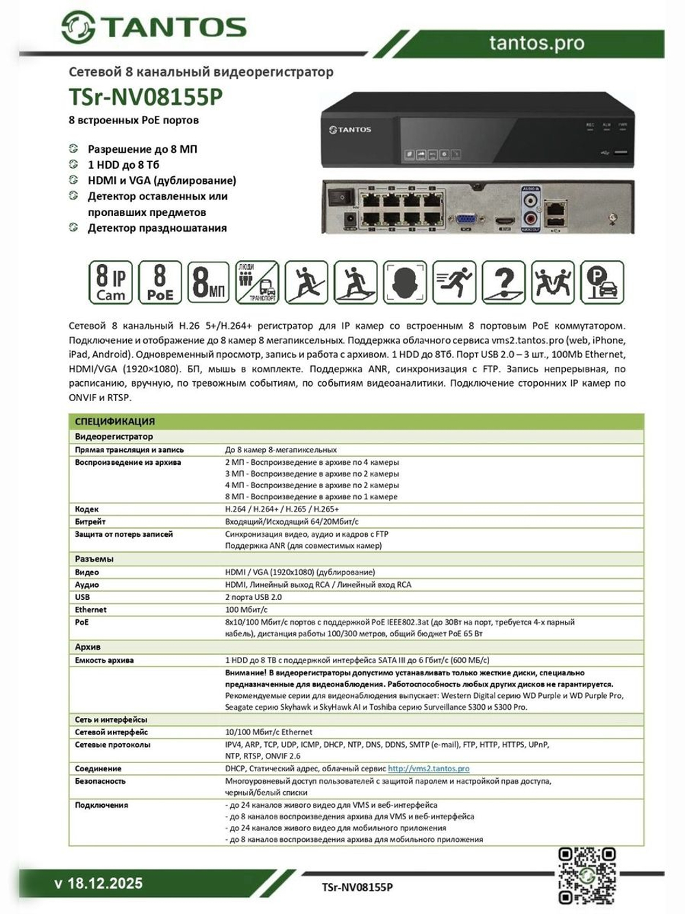 Видеорегистратор сетевой (NVR) TSr-NV08155P
