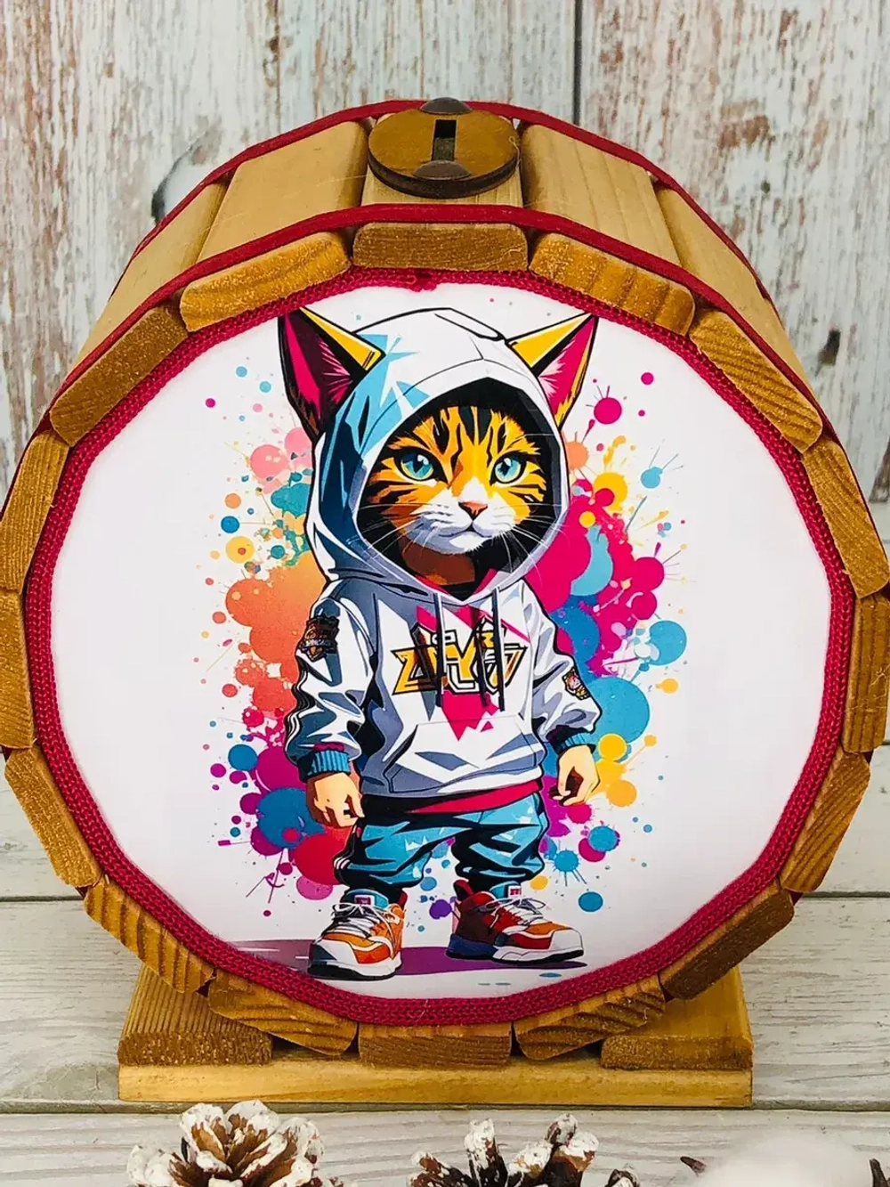 Копилка-бочка "Кот в худи"