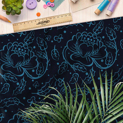 Ткань дюспо синие нарисованные цветы и листья на чёрном фоне